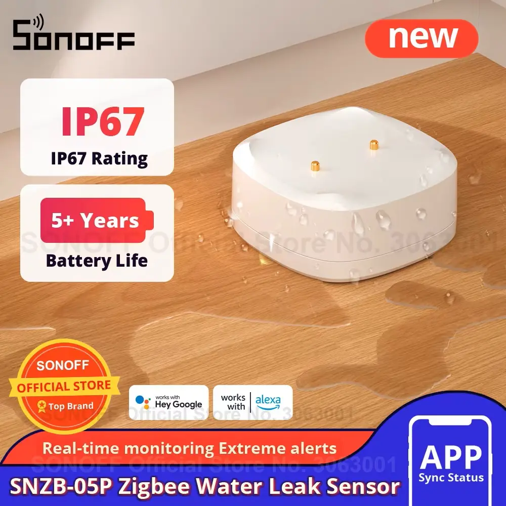 SONOFF SNZB-05P Zigbee Water Leak Sensor With Detection Cable For Alarm System And Smart Home Automation, Wireless Mini Flood Detector For Kitchen Bathroom Basement 2Pack